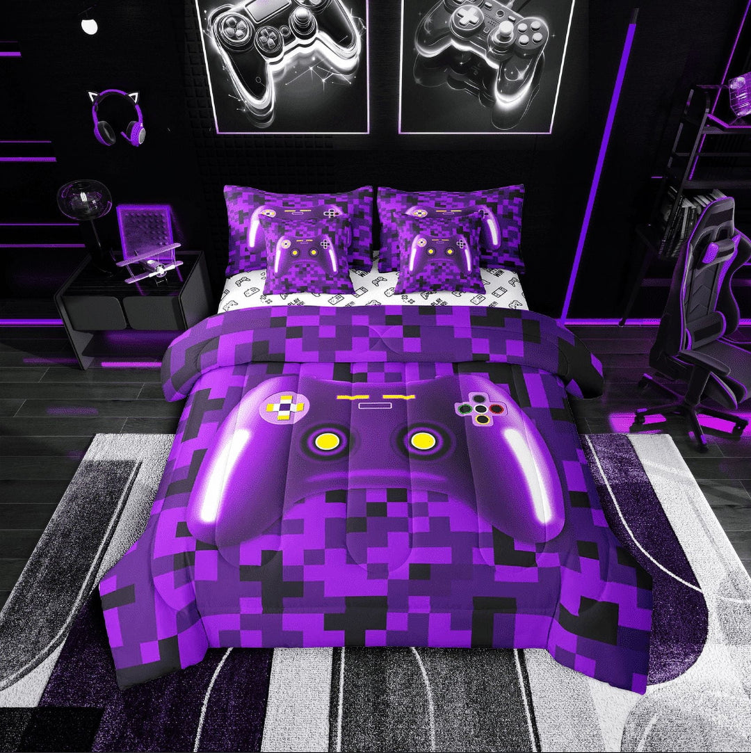 Erosebridal Purple Gamer Bedding Sets Twin Size,Gamepad Gaming Comforter Sets with Sheets,Video Game Decor,Reversible,Lightweight,7-Piece