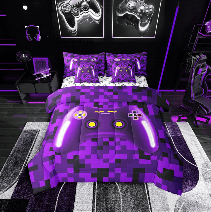 Erosebridal Purple Gamer Bedding Sets Twin Size,Gamepad Gaming Comforter Sets with Sheets,Video Game Decor,Reversible,Lightweight,7-Piece