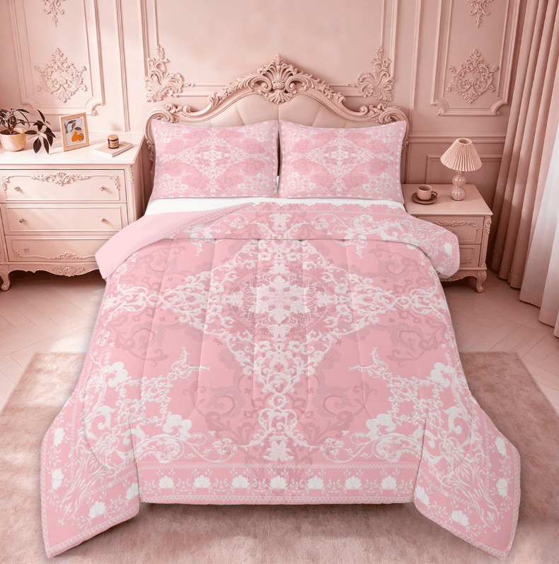 Erosebridal Pink Damask Flower Queen Comforter Set,Boho Exotic Damask Bedding Comforter Set For Adult,Reversible pink,3 Pieces