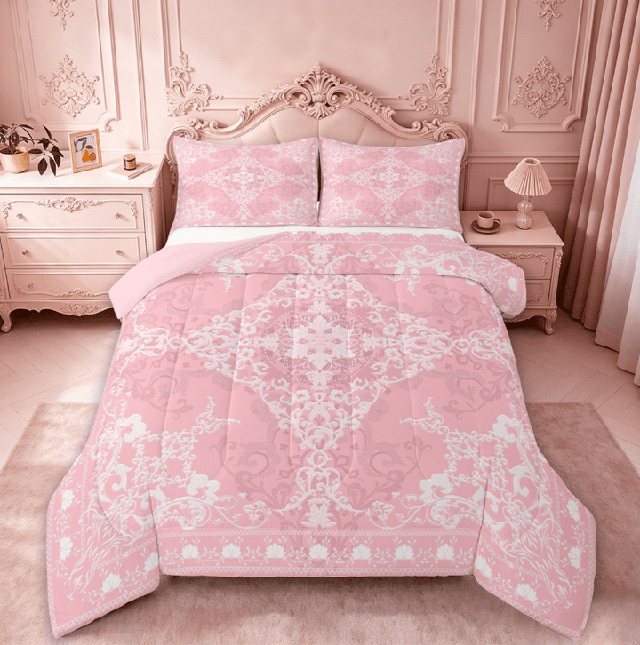 Erosebridal Pink Damask Flower Queen Comforter Set,Boho Exotic Damask Bedding Comforter Set For Adult,Reversible pink,3 Pieces