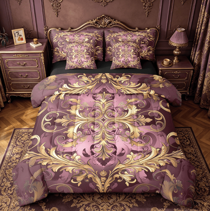 Erosebridal Aztec Damask Bed in a Bag Queen Size,Victorian Baroque Bed Set,Gold Pink Floral Print Bedding Queen Size,Ultra Soft Bedroom Decor Reversible,7 Pieces