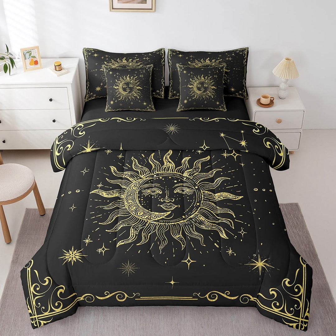 Sun Moon Bed In A Bag Full Boho Galaxy Comforter Set 7 Piece ,Celestial Stars Bedding Set Space Planet Bed Sheets Set With Comforter