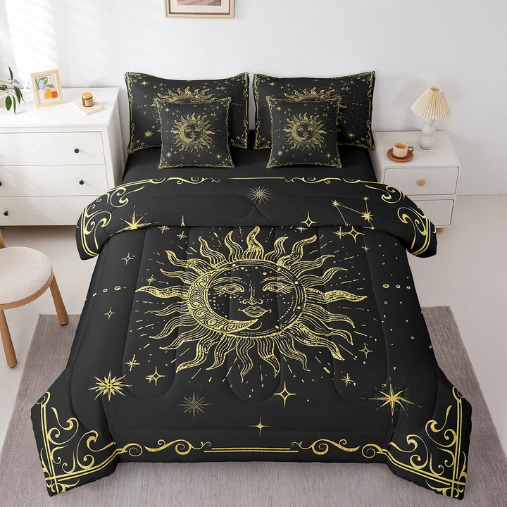 Sun Moon Bed In A Bag Full Boho Galaxy Comforter Set 7 Piece ,Celestial Stars Bedding Set Space Planet Bed Sheets Set With Comforter