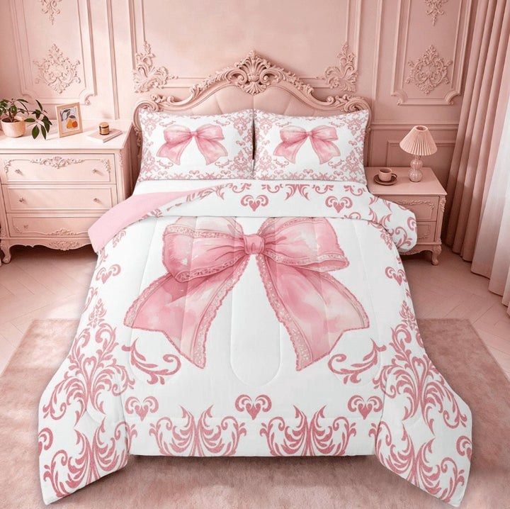 meiyoeat Pink Coquette Bow Full Size Comforter Sets For Kids,Retro Damask Baroque Floral Bedding Comforter Set For Girls, Pink White,Pink Reversible,3pcs