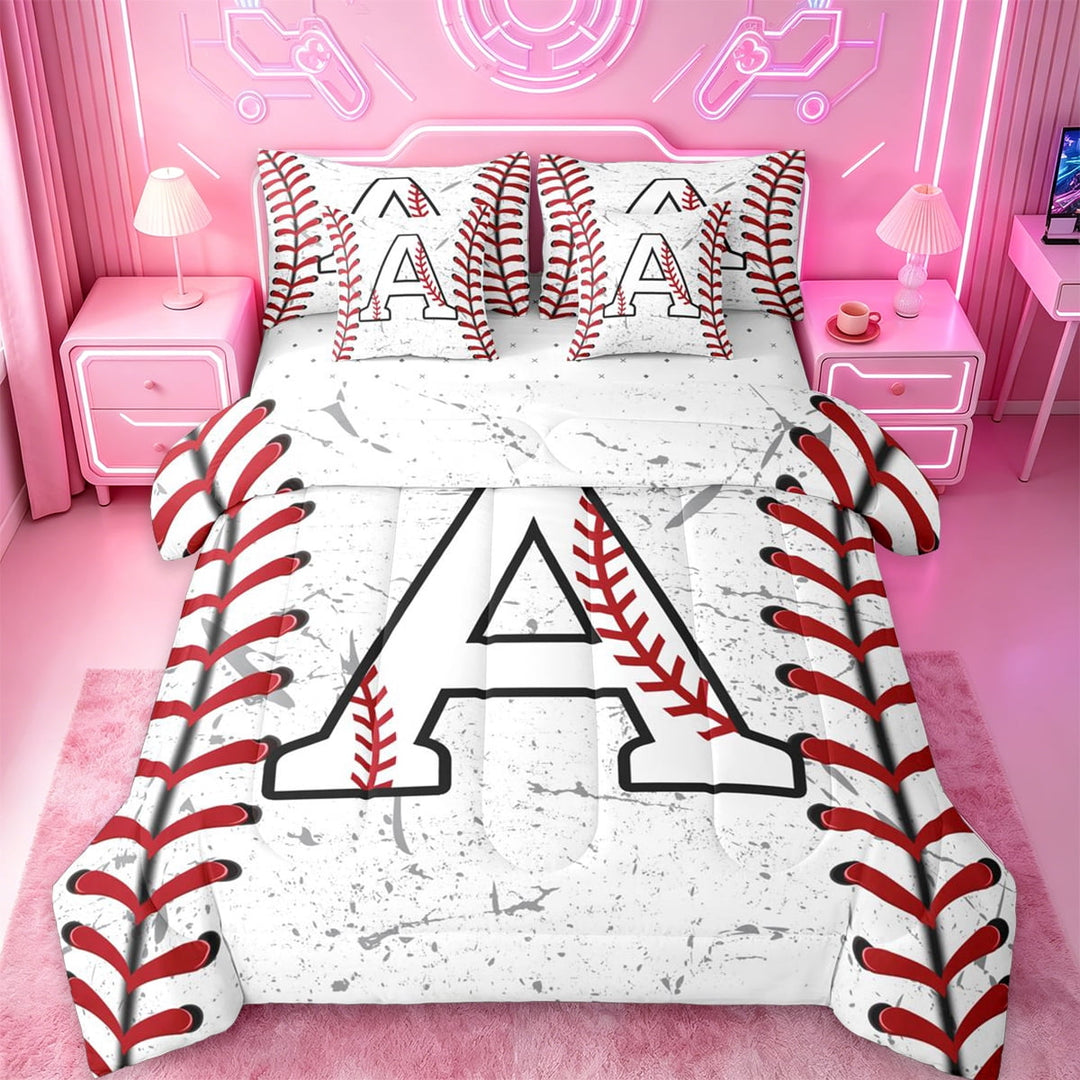 Manfei Letter A Monogrammed 7-Piece Twin Bedding Sets,Baseball Game Lover Bedding Comforter Set,White Red Sheet Sets For Boys,Microfiber Room Decorative Reversible