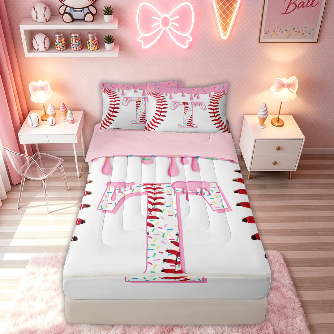 meiyoeat Candy Ice Cream Baseball Zipper Full Size Comforter Sets with Fitted Sheet and 2 Pillowcases for Boys Girls, Pink Baseball T Letter Zipper Bedding Set, Pink Reversible, 4pcs