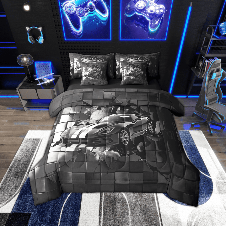 Erosebridal Black Sport Car Bedding Sets Twin Size,Geometric Plaid Comforter Sets with Sheets,Extreme Sports Bed in a Bag Twin size,Microfiber Buffalo Room Decor,Reversible,7-Piece