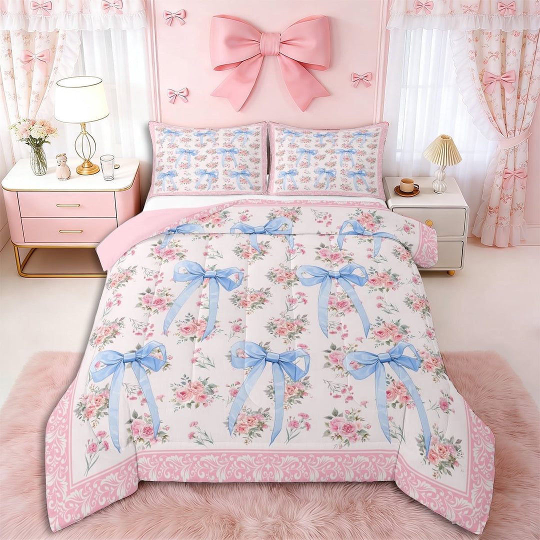 Erosebridal Blue Ribbon Bow Full Size Comforter Sets 3 Pieces for Girls Women,Romantic Floral Roses Bedding Sets for Teens Adults,Pink Reversible,Ultra Soft Home Decor