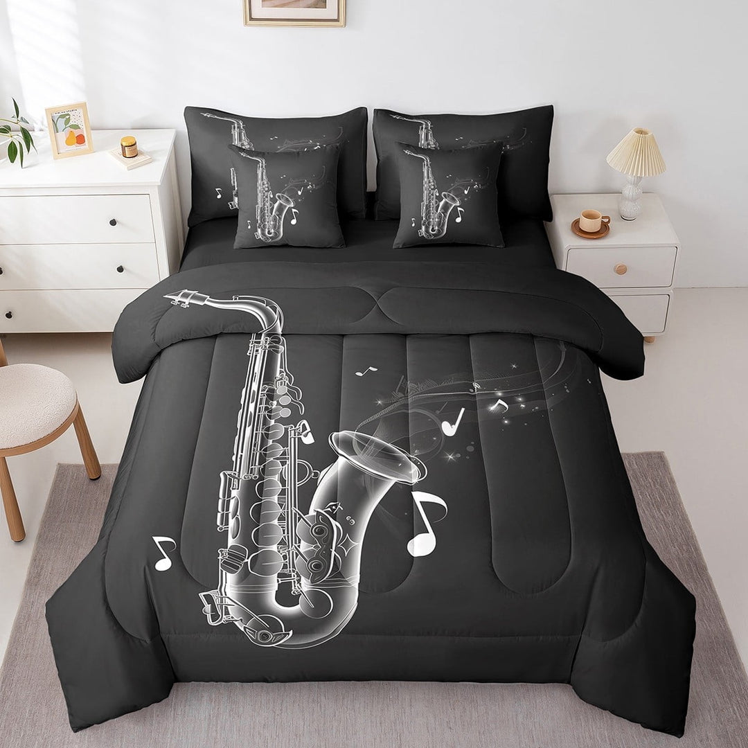 Twin Saxophone Bed In A Bag 7 Piece Jazz Music Comforter Set Music Notes Bedding Set With Pillow Covers Adults Musical Instrument Saxophone Sheet Set With Comforter