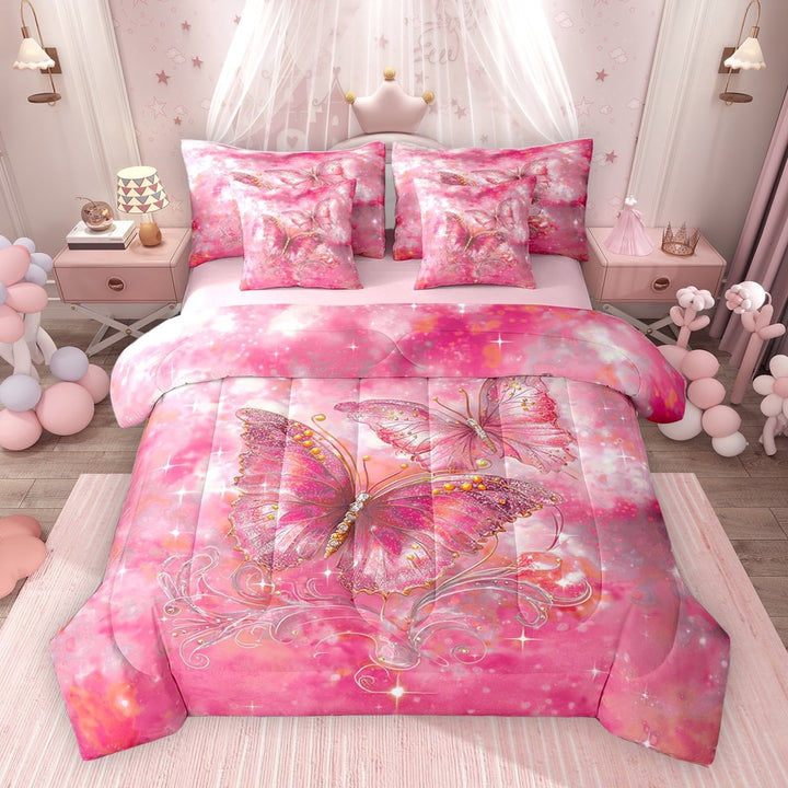 Erosebridal Dreamy Butterfly Twin Bedding Sets for Girls, Pink Ombre Bedding Comforter Set, Pink Reversible, 7pcs
