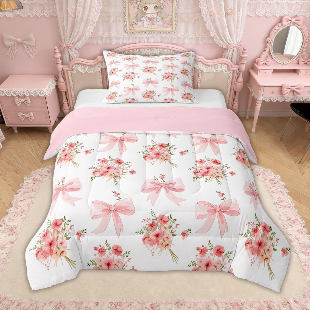 Erosebridal Pink Flower Bow Twin Comforter Sets for Girls, Spring Groovy Floral Bedding Set, Pink Reversible, 2 Pieces