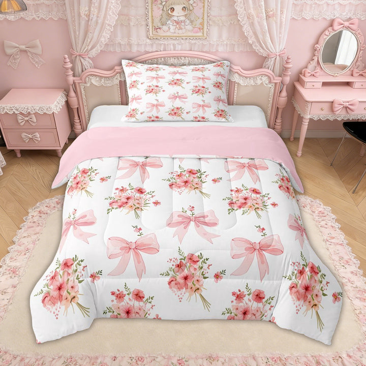 Erosebridal Pink Flower Bow Twin Comforter Sets for Girls, Spring Groovy Floral Bedding Set, Pink Reversible, 2 Pieces