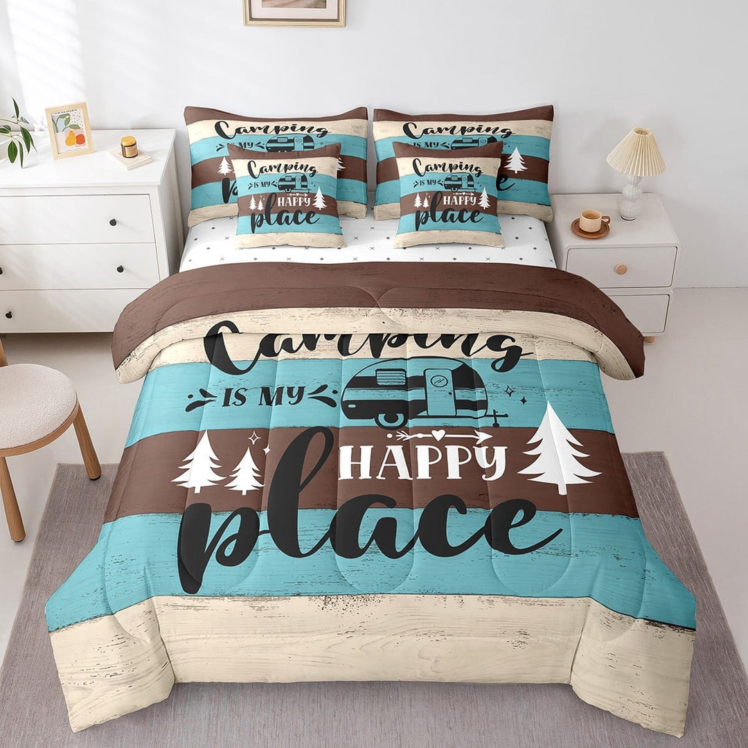 Erosebridal Travel Car Camping Bedding Queen Size, Wooden Plank Bedding Sets Queen Size, Camp Camper Decor, Reversible 7pcs