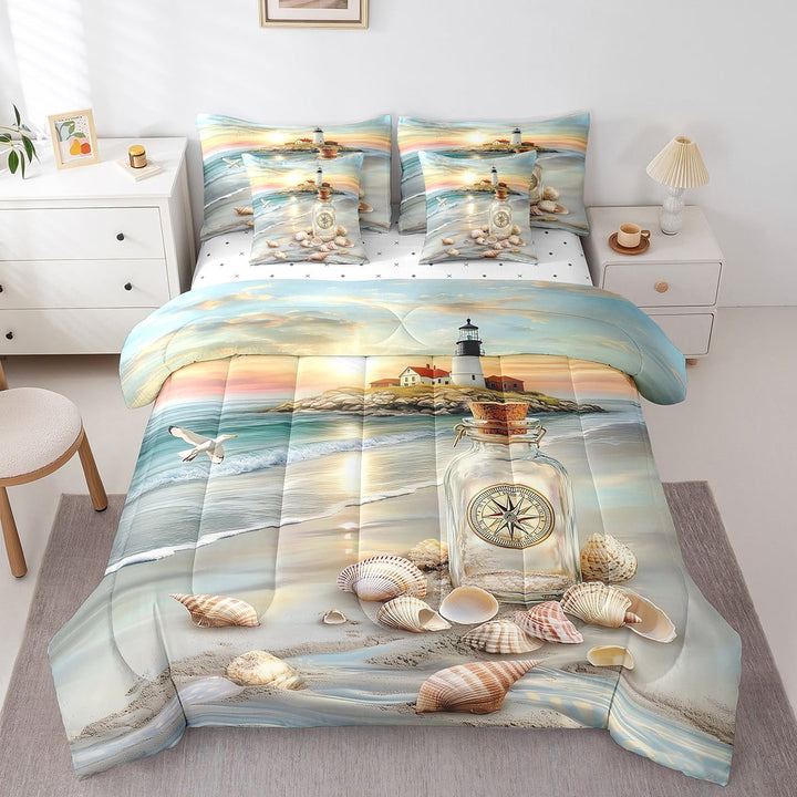 Erosebridal Coastal Seashell Bed in a Bag Queen size, Marine Lighthouse Bed Set, Romantic Sunset Decor, Reversible 7pcs