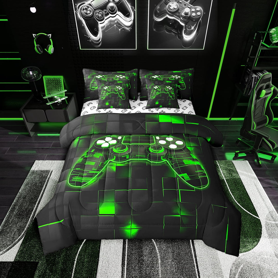 Game Twin Bedding Sets Gaming Bed in a Bag,Green Gamer Comforter Set,Modern Glowing Neon Lights Gamepad Duvet Insert,Geometric Plaid Lattice Bed Set Reverse 7 Pcs