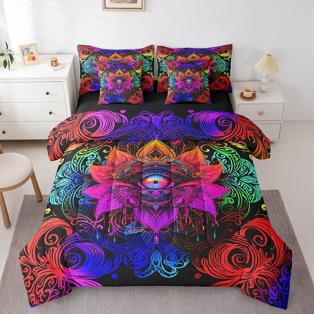 Mysterious Oriental Bed in a Bag Bohemian Lotus Bedding Set, Hippie Mandala Queen Comforter Set 7pcs Teal Blue Paisley Bedding Comforter Sets, Tribal Feather Bed Sheets Set Hamsa Fatima Eye Decor