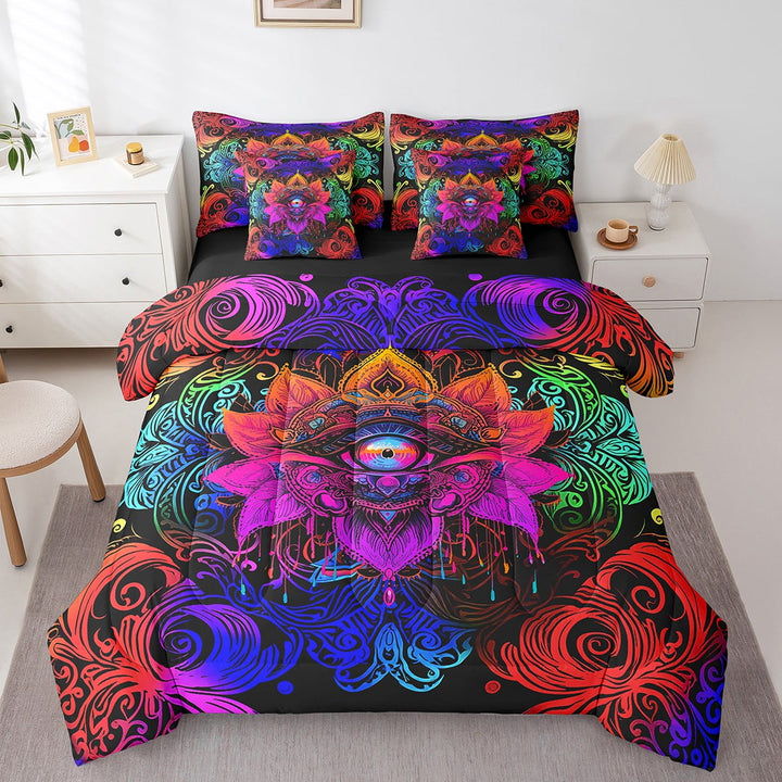 Mysterious Oriental Bed in a Bag Bohemian Lotus Bedding Set, Hippie Mandala Queen Comforter Set 7pcs Teal Blue Paisley Bedding Comforter Sets, Tribal Feather Bed Sheets Set Hamsa Fatima Eye Decor