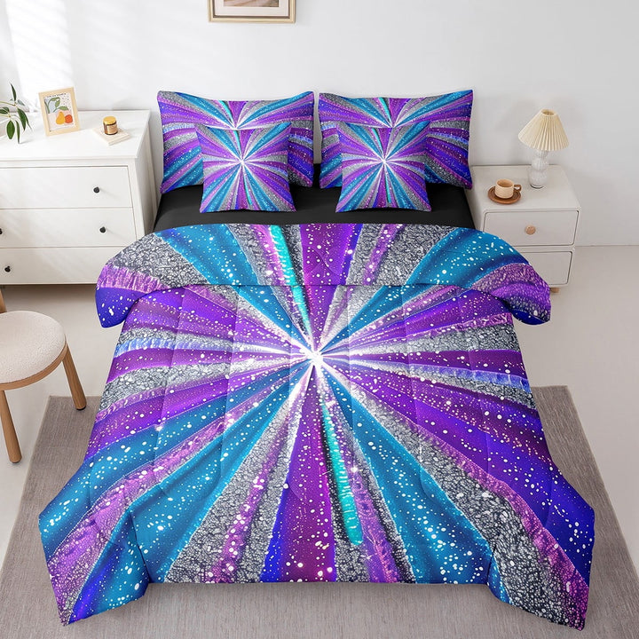 Glitter Galaxy Queen Size Comforter Sets - Bedding Sets 7 Pieces,Watercolor Striped Bed in a Bag Gradient Teal Blue Sliver Purple Stripes Bed Sets with Comforter,Sheets,Pillowcases &amp; Shams