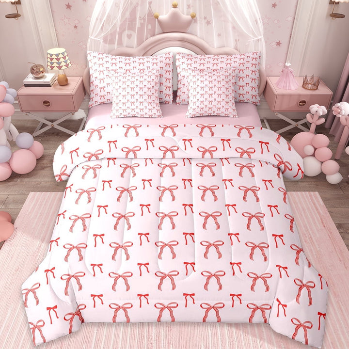 Erosebridal Dreamy Princess Style 7-Piece Twin Bedding Sets,Pink Cute Bow Tie Bedding Comforter Set For Bowknot Lovers,Reversible
