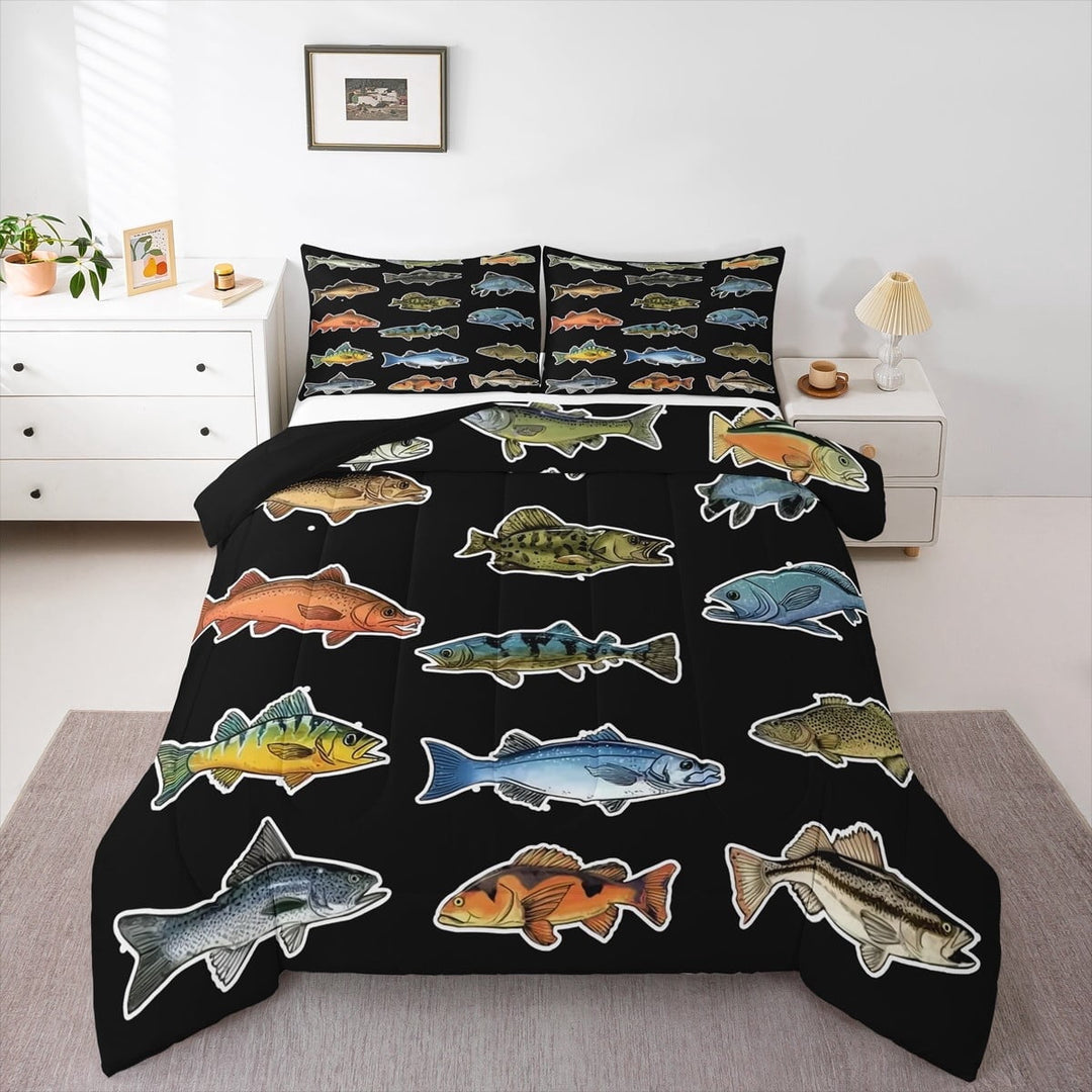 jejeloiu Fishing And Hunting Bedding Comforter Set,Rustic Farmhouse Cabin Twin Comforter Sets,Colorful Lake Fish Bedding Set For Teens Boys,Breathable Home Decor Reversible,2-Piece