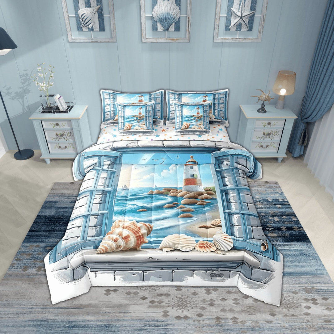 Erosebridal Lighthouse Seashell Bedding Sets Twin Size,Ocean Beach Comforter Sets with Sheets,Marine Room Decorative,Reversible,Breathable,7pcs