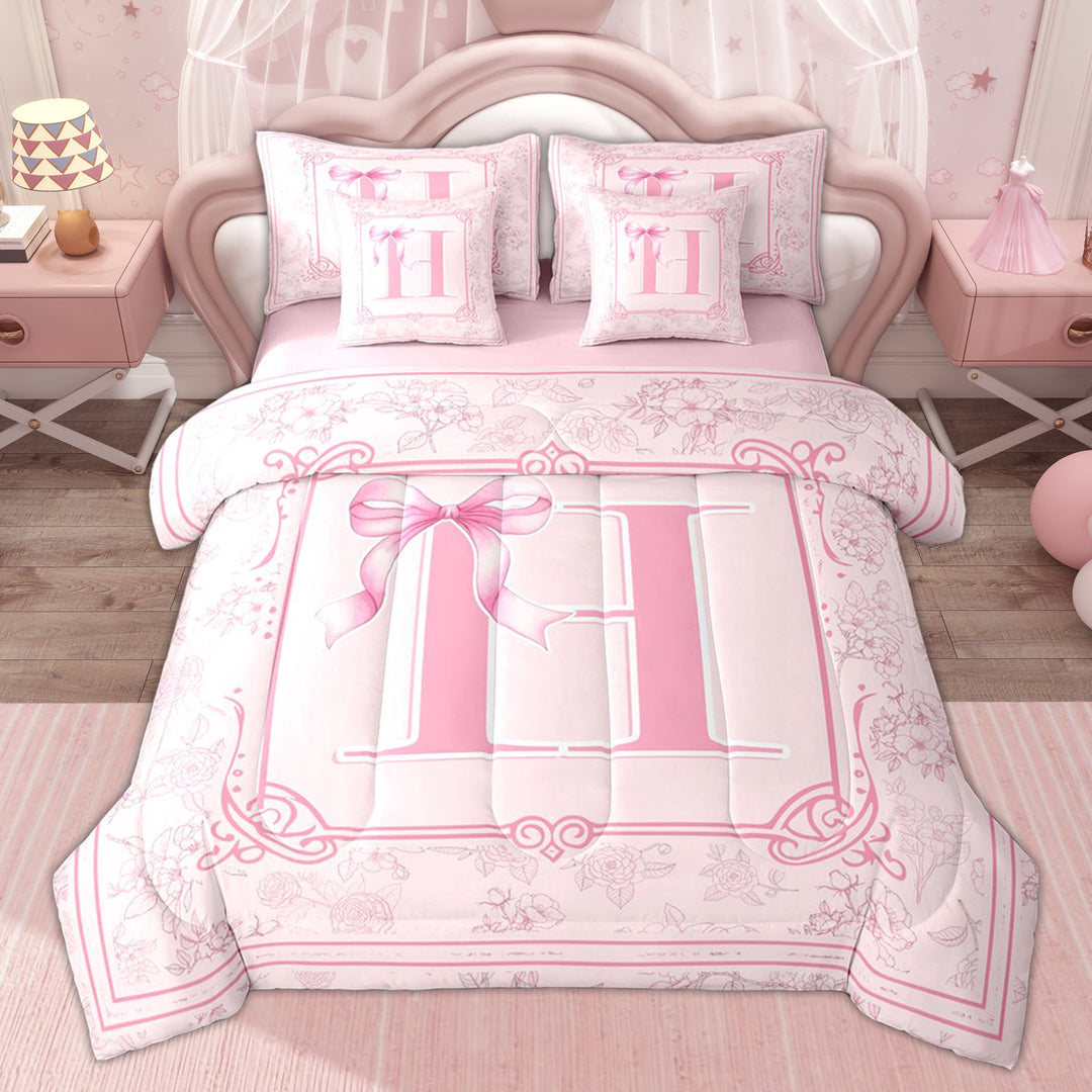 Erosebridal Cute Letter H Girls Twin Bedding Sets, Bowknot Flower Floral Bedding Comforter Set, Pink, 7pcs