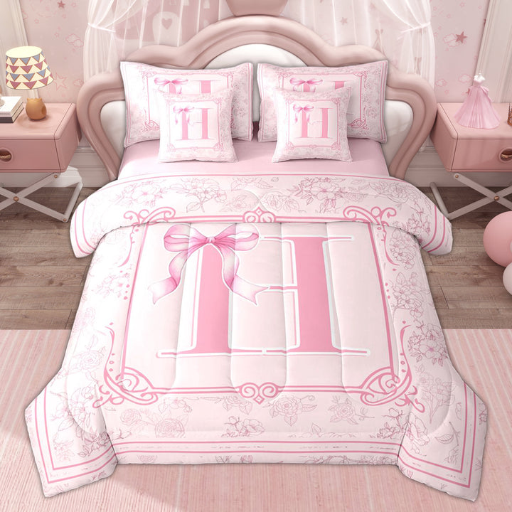 Erosebridal Cute Letter H Girls Twin Bedding Sets, Bowknot Flower Floral Bedding Comforter Set, Pink, 7pcs