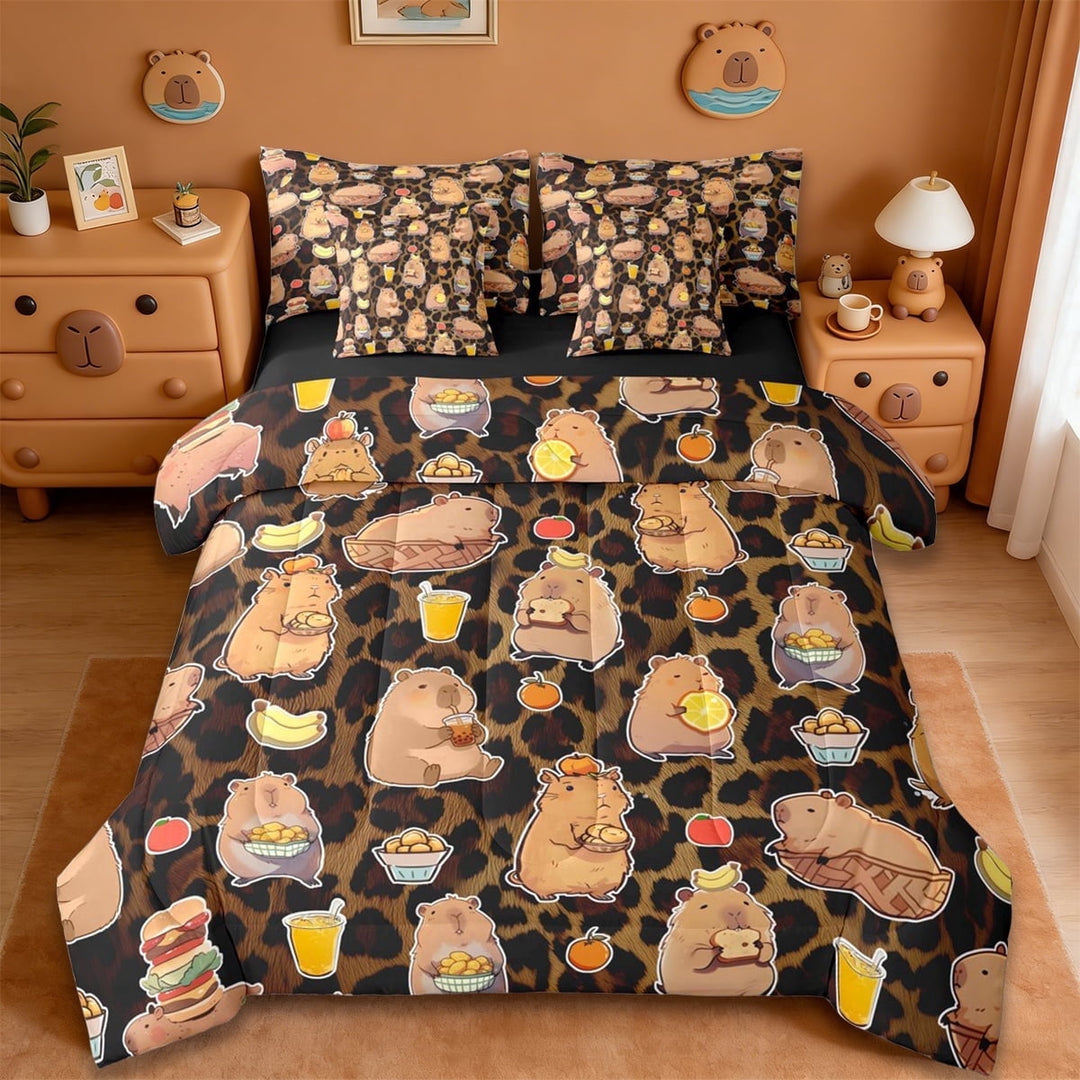 Erosebridal Animal Capybara 7-Piece Twin Bedding Sets,Brown Cheetah Pattern Bedding Comforter Set For Girls Kids ,Reversible Black