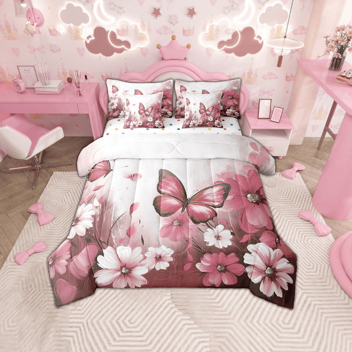 Butterfly Flowers Bed in a Bag Queen Comforter Set 7 Piece,Pink Ombre Art Oil Painting Floral Bedding Sets Rustic Aesthetic Animal Daisy Flower Sheet Set with Comforter