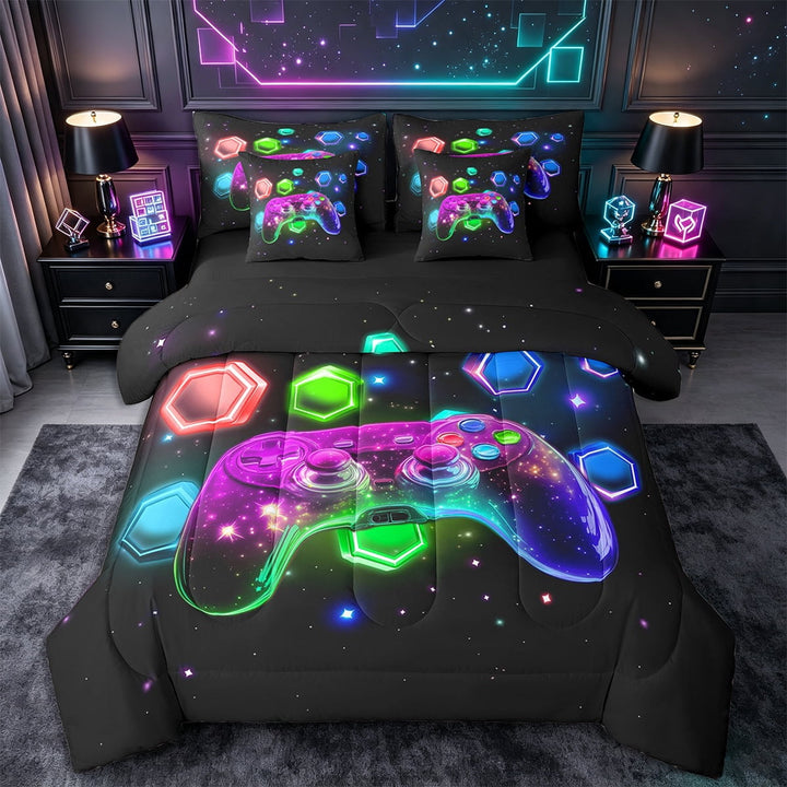 Erosebridal Modern Gamer 7Pcs Boys Twin Bed Comforter Sets,3D Gaming Play Station Bedding,Gamepad Game Controller Bed In A Bag,Purple Gradient Game Sheet Set Colorful Hexagonal Home Room Decor