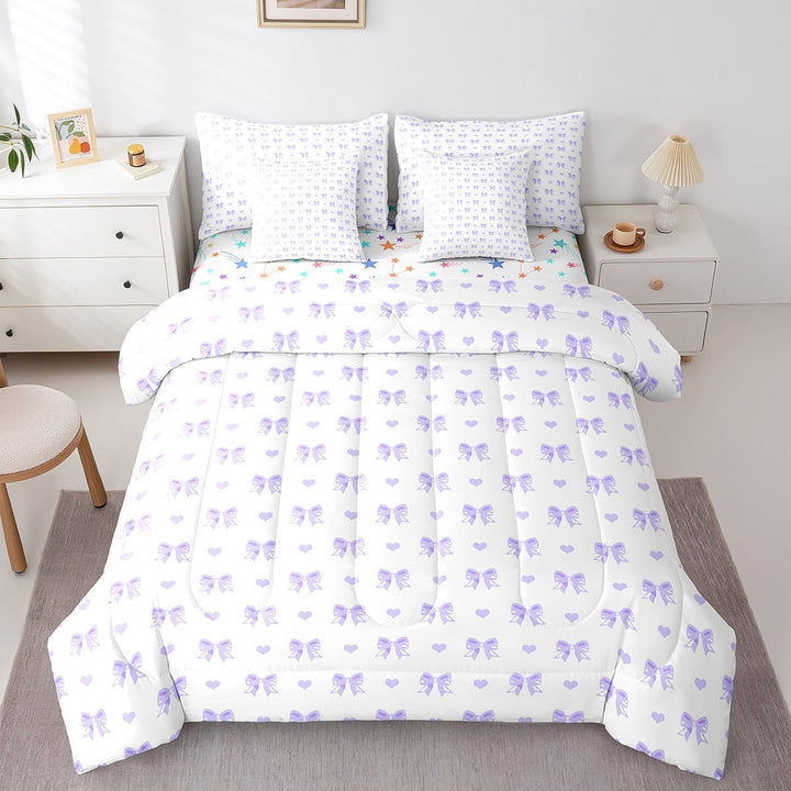 Erosebridal Kawaii Bow Bed in a Bag Twin Size,Love Pattern Bed Set,Purple White Bedding Twin Size For Princess,Microfiber Room Decoration Reversible,7 Pieces
