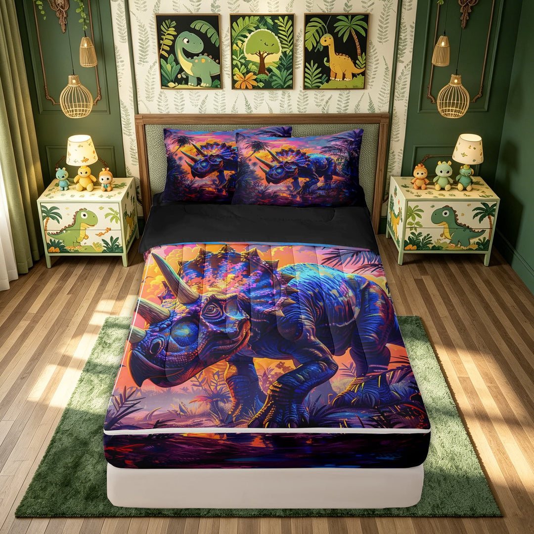 meiyoeat Rainbow Triceratops Dinosaur Zipper Comforter Set with Fitted Sheet and 2 Pillowcases for Kids Boys Teens, Galaxy Wildlife Zipper Bedding Set, Black Reversible, 3-Piece