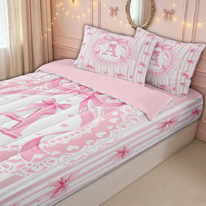 meiyoeat Preppy Letter A Zipper Full Size Comforter Sets with Fitted Sheet and 2 Pillowcases for Kids Girls, Princess Bow Lace Zipper Bedding Set for Bedroom, Pink White, Pink ReversibleG
