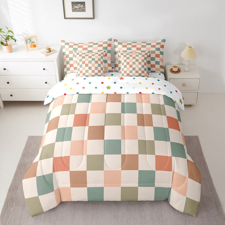 Erosebridal Check Plaid Bedding Twin Size, Geometric Bed in a Bag Twin size, Farmhouse Gingham Decor, Reversible 7 Pieces