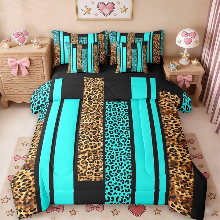 Erosebridal Cheetah Print Women 7-Piece Twin Bedding Sets,Blue Leopard Striped Brown Animal Texture Bedding Comforter Set For Adult,Reversible Black