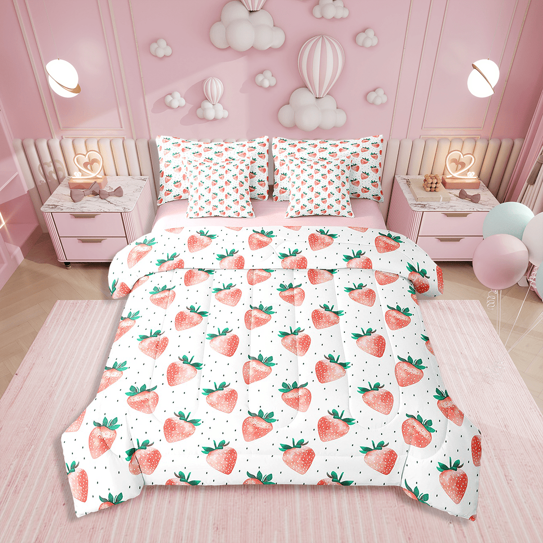 7 Piece Bed in a Bag Twin Size Comforter Set Strawberry Bedding Set,Pink Strawberry Reversible Bed Set,Watercolor Fruit Comforter with Sheet Set,All Season