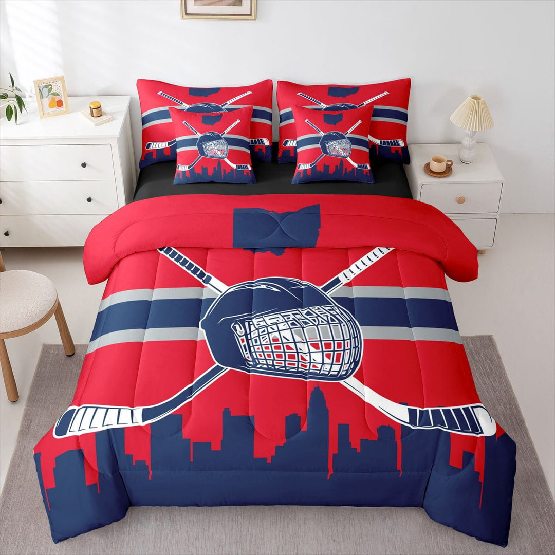 Twin Bed in a Bag Ice Hockey Comforter Set with Sheets 7-Pieces All Season Hockey Bedding Sets with Comforter, Pillow Sham, Flat Sheet, Fitted Sheet and Pillowcase,Columbus