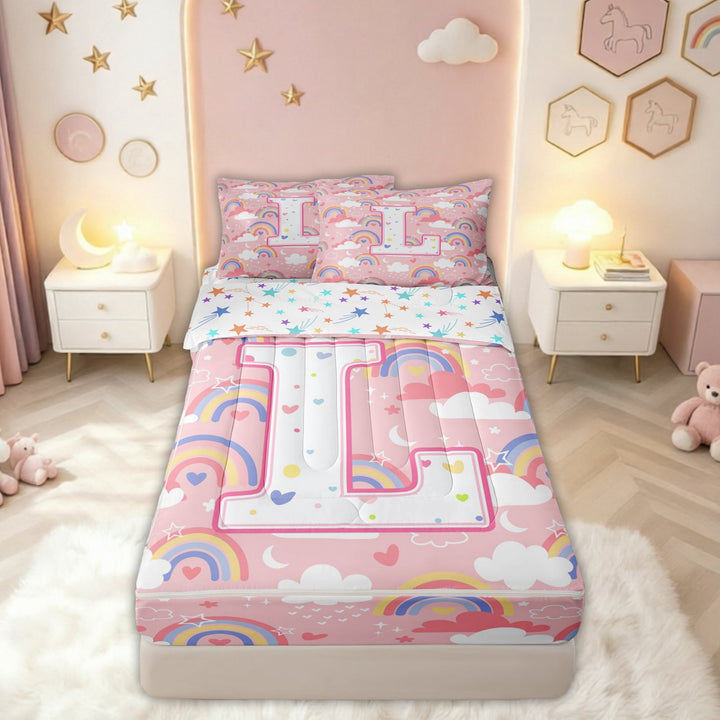 meiyoeat Rainbow Letter L Zipper Comforter Set with Fitted Sheet and 2 Pillowcases for Girls Kids, Cartoon Cloud Zipper Bedding Set for Bedroom, Pink, Colorful Star Reversible, 3-Piece