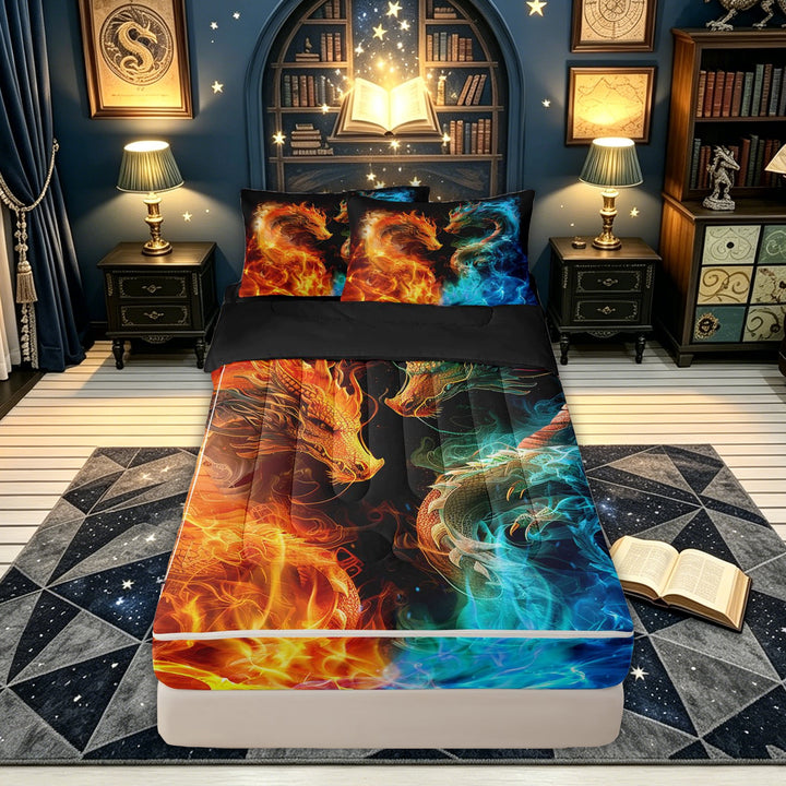 meiyoeat Fiery Ice Dragon Zipper Twin Comforter Sets with Fitted Sheet and 2 Pillowcases for Kids Boys, Magical Animal Zipper Bedding Set, Orange Blue, Black ReversibleB