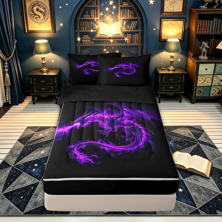 meiyoeat Glowing Flame Magic Dragon Zipper Twin Comforter Sets with Fitted Sheet and 2 Pillowcases for Boys Girls Kids, Gothic Animal Zipper Bedding Set, Purple Black, Black Reversible, 4pcs