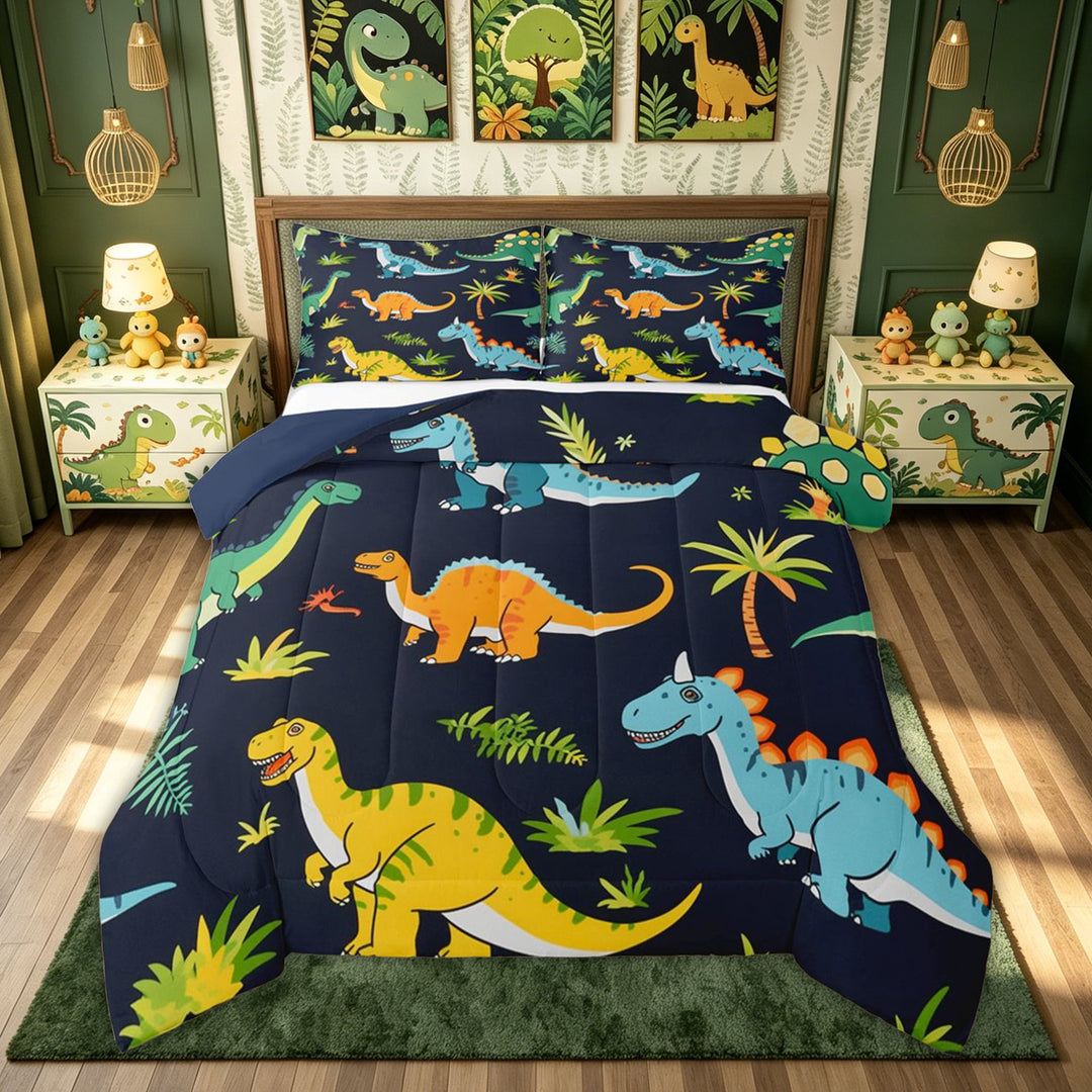 meiyoeat Kawaii Forest Dino Full Size Comforter Sets for Kids, Woodland T-rex Wildlife Bedding Comforter Set, Navy, Blue Reversible, 3pcs, 1 Comforter and 2 Pillowcases
