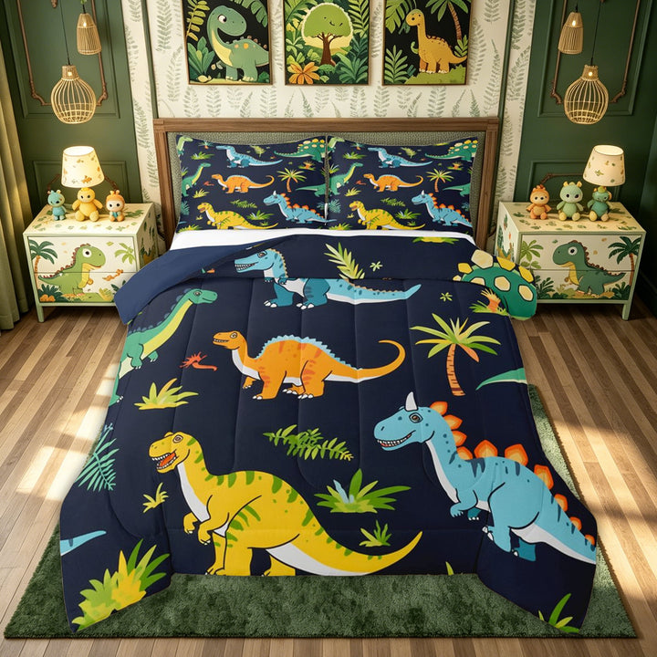 meiyoeat Kawaii Forest Dino Full Size Comforter Sets for Kids, Woodland T-rex Wildlife Bedding Comforter Set, Navy, Blue Reversible, 3pcs, 1 Comforter and 2 Pillowcases