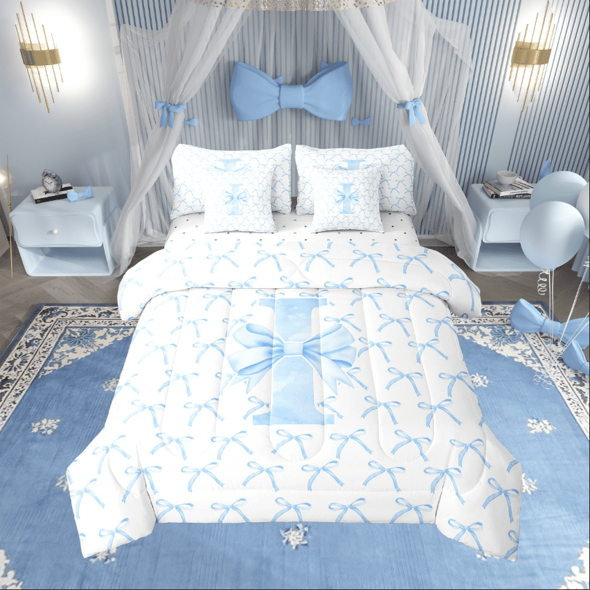 Erosebridal Kawaii Bowknot Bedding Sets Twin Size,Initial Letter Comforter Sets with Sheets,Monogrammed Decor,Reversible,7pcs