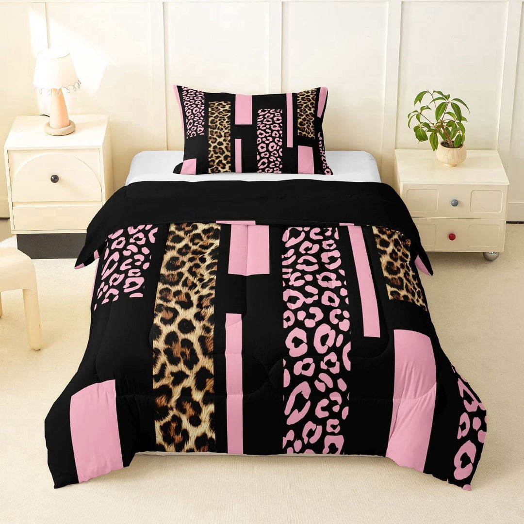 Erosebridal Pink Cheetah Print Twin Comforter Sets for Kids, Leopard Animal Bedding Set, Black Reverisble, 2pcs