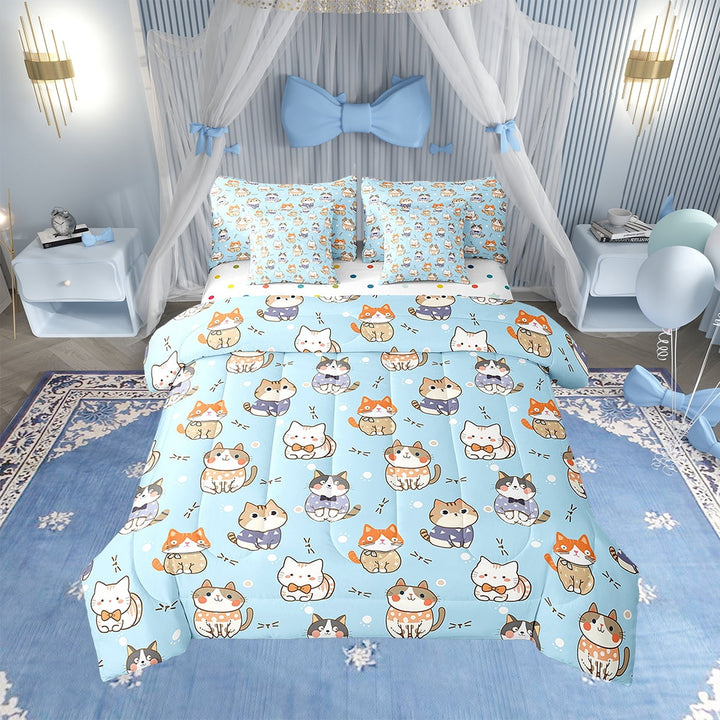Erosebridal 7Pcs Cartoon Cat Bedding Queen Size Cute Kitten Comforter Set, Blue Bedding Comforter Sets 7-Piece, Bedroom Decor