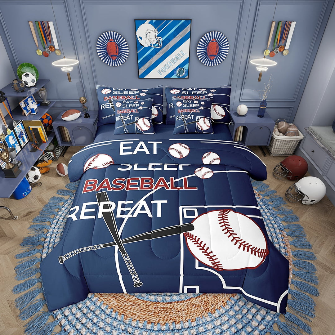Eosebridal Baseball Comforter Set Twin Size 7 Pieces Baseball Games Navy Blue Bedding Set Sports Theme Bed in a Bag with Comforter,Sheets