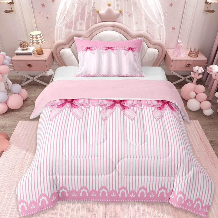 Erosebridal Hotpink Bow Twin Comforter Sets For Bowtie Girl,Ribbon Bowknot Bedding Set,Dreamy Princess Style Bows, Reversible 2 Pieces