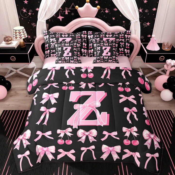 Erosebridal Initial Z Letter Twin Bedding Sets for Kids, Princess Bowknot Bedding Comforter Set, 7pcs