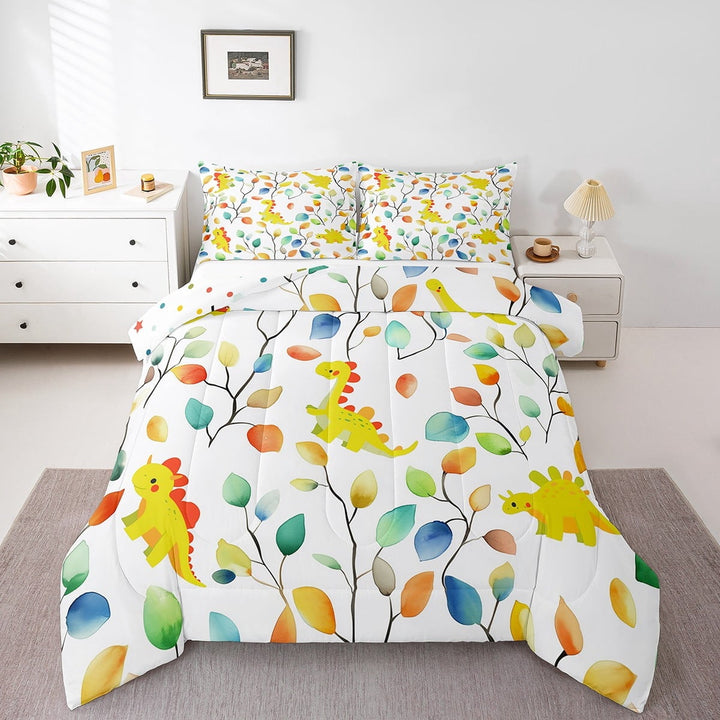Cartoon Dinosaur Twin Size Comforter Set Boho Floral Bedding Set, Colorful Leaves Down Comforter Abstract Watercolor Plant Bed Set, Cute Animal Dino Quilted Duvet