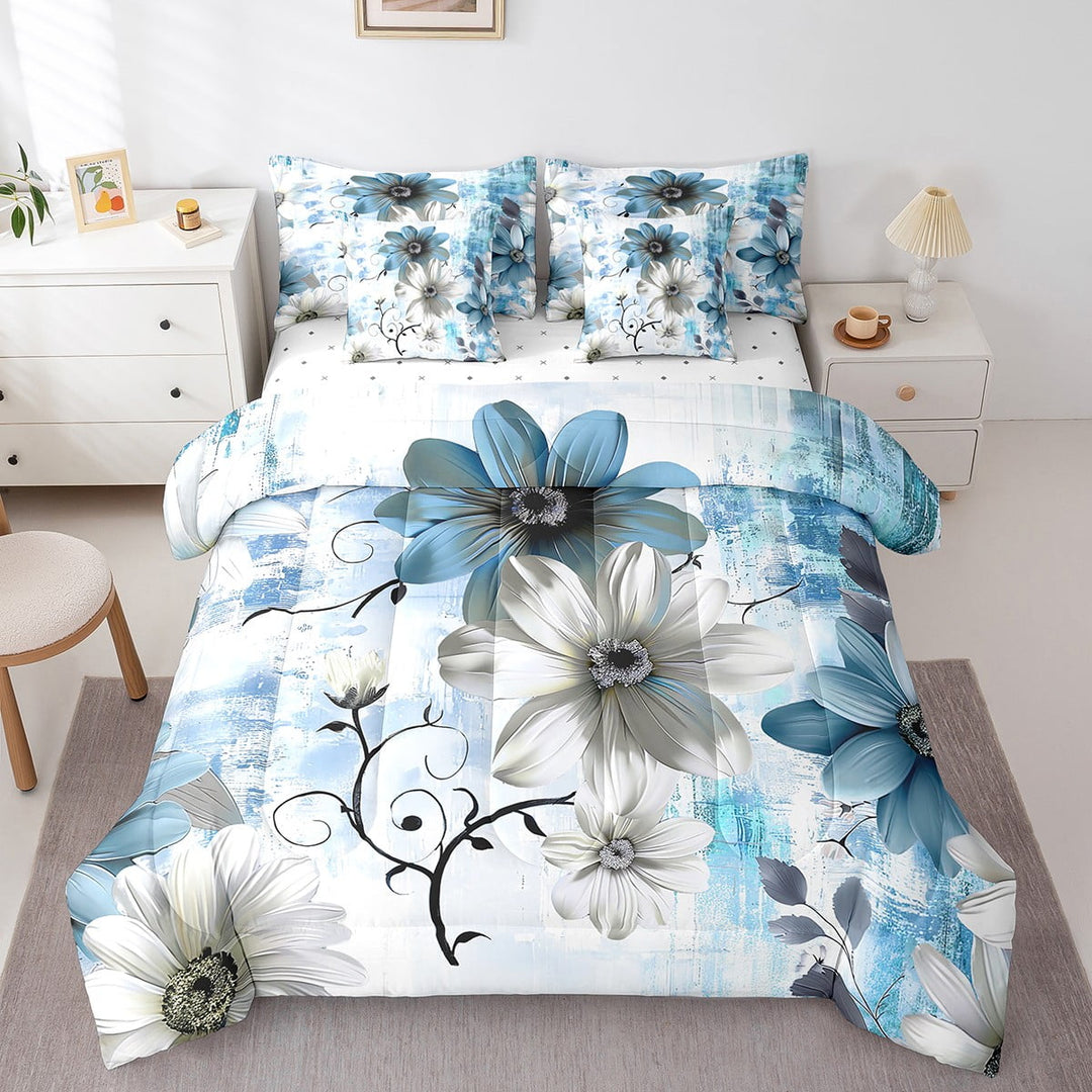 Flower Bedding Comforter Sets 7 Pieces Daisy Floral Bed in a Bag for Women, Blue Gradient Queen Bedding Sets Vintage Ombre Comforter Set, Oil Painting Aesthetic Bedding Sets Room Decorative